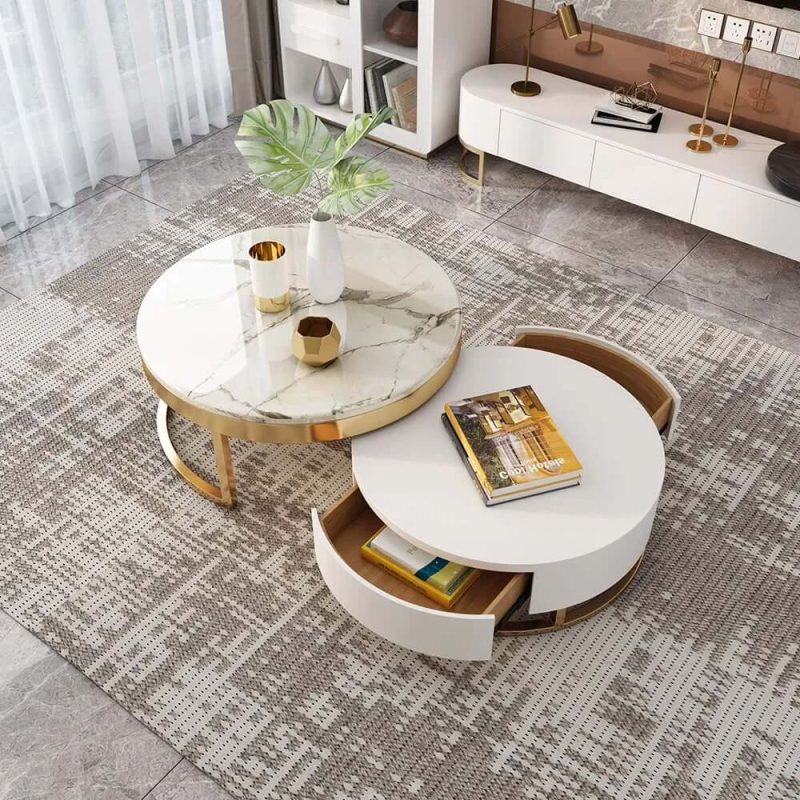 "Nesnesis Modern Round Sintered Stone Nesting Wood Coffee Table with Drawers in White"