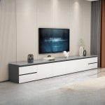 "Trendy Sintered Stone TV Stand with 4 Drawers, 2 Cabinets, and Cable Management, 79"L x 16"W x 18"H, Khaki/ White"