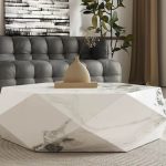"Art Deco Single Stone Coffee Table with Asymmetrical Chalk Top and Block Base for Indoor Use, 43 "L x 43 "W x 14 "H"