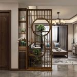"Art Deco Coffee Single Panel Room Partition Screen with Shelf, Transparent Lumber, 31"L x 87"H"