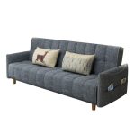 "Folding Futon Sofa Bed with Tufted Back, Stockroom Storage, and Round Arm, Lake Blue"