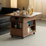 "Adjustable Height Walnut Chairside Table with Rotatable Swivel Wheels and Trunk Storage - 27.5"L x 16"W x 22"H"