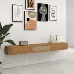 "70" Walnut Ash Wood Floating Rattan TV Stand Wall Mount Cane Flip Storage Living Room"