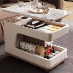 "Adjustable Height Rotating Chairside Table with Swivel Wheels, White"