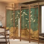 "Modern Translucent 4-Panel Room Divider with Gauze Screen, Double Sided Print, and Detached Stand for Indoor Use, Wood Color"