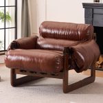 "Simple Solid Color Arm Chair in Taupe with Sewn Pillow Back, Removable Cushions, and Armrest, Brown, Oiled Leather, Walnut, 37"L x 38"W x 27"H"