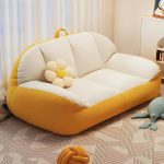 "Large White Linen Bean Bag Sofa Pre-Filled with Expanded Polystyrene Beans for Comfortable Seating - White-Yellow"