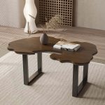 "Rustic 39.8" Live-Edge Coffee Table Walnut & Black with Wooden Tabletop & Metal Base "