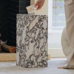 "Elegant Art Deco Marble Top Square Chairside Table with Block Base in Chalk, 12"L x 12"W x 26"H"