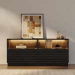 "Lumoe Modern Black Rectangular Acrylic LED Lights TV Stand with Storage Media Console"