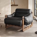 "Casual Black Arm Chair with Solid Color Pattern, Cushion Back, and Arms, Black, Full Grain Cow Leather"