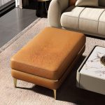 "Art Deco Light Gray Rectangular Genuine Leather Standard Ottoman, Solid Color"