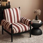 "Art Deco Striped Maroon Accent Chair with Fixed Back and Armrest, Brick Red, Cotton and Linen"