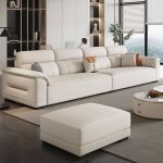 "Deluxe Off-White Artificial Leather Standard Sofa with 4 Pillows, 110"L x 37"W x 33"H, Latex & Sponge"