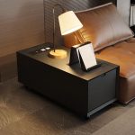 "Asian-inspired Portable Chairside Table with Trunk Storage, Drawers Included, 39.5"L x 19.5"W x 16"H, Charger Included, Black-Black"