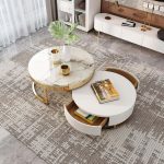"Nesnesis Modern Round Sintered Stone Nesting Wood Coffee Table with Drawers in White"