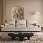"Timeless Off-White Polyurethane Standard Sofa with Dressmaker Skirt Style, 110"L x 49"W x 37"H"