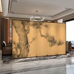 "Modern Butter Color Cotton Linen Room Divider with 4 Panels, Double Sided Print, Detached and Free Standing for Indoor Use, 94"L x 71"H"
