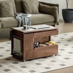 "Oak Chairside Table with Folding Top, Trunk Storage, Adjustable Height, Magazine Rack, Turned, Portable Wheels for Drawing Room, Natural Finish, Rock Beam"