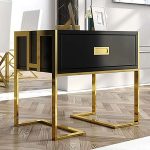 "Jocise Modern Black Wooden End Table with 1 Drawer & Golden Double Pedestal"