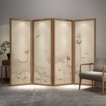 "Contemporary Indoor Temporary Partition Wall with 4 Panels, Double Sided Print on Gauze, Mortise and Tenon Joinery, Unattached, Brown/ Green, 94"L x 71"H"