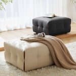 "Minimalist Rectangular Solid Color Pouf with Beige Pu Leather Upholstery and Button-tufted Detail, White"
