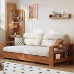 "Futon Sofa with Detachable Mattress, Receptacle Storage, and Twin XL Size, Latex, 57"L x 35"W x 34"H"