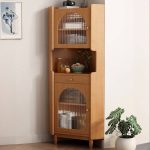 "Modern Simple Style Utility Storage Cabinet with Changeable Shelf, Drawer, Nook Shape, Pull Knobs, Cocoa Top, and Hutch, Cherry, Rattan-Weaved Door, 17"L x 17"W x 63"H"