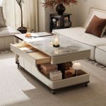 "Oblong Accent Table with Wheel Base, 1 Cabinet, 3 Shelves, and Lift Top, White"