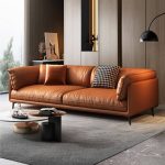 "Amber Color Sofa with Pillow, Natural Wood, Seats 3, Water Resistant, Wide Pillow Back for Drawing Room, Orange, Tech Cloth"