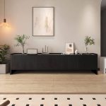 "Art Deco Vitreous TV Stand with Light, 4 Drawers, and Cable Management, 79"L x 16"W x 22"H, Nut-Brown"