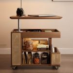 "Adjustable Height Natural Wood Chairside Table with Turned Swivel and Wheels, Walnut/ Black"