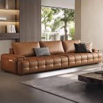 "Minimalist Brown Standard Sofa for 3 with Solid Color Pattern and 2 Pillows, 87"L x 39"W x 29"H, Anti Cat Scratch Leather"