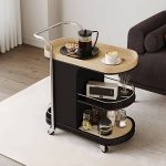 "Contemporary Side Table with Handle and Shelves, Black Frame and Wheels - Natural Wood/ Black 26"L x 15"W x 28"H"
