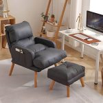"Small Modern Recliner with Lumbar Support and Built-In Storage, featuring Wood Legs - Orange Houndstooth 29"L x 29"W x 38"H Recliner with Ottoman Cotton and Linen"