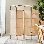"Modern Simple Style Indoor Pop Up Rattan Wall Separator with 4 Panels in Natural Wood Finish, Translucent Light Filtration, 63"L x 75"H"