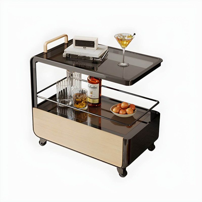 "Contemporary Side Table with Handle and Shelves, Black Frame and Wheels - Wood Color 28"L x 16"W x 26"H"