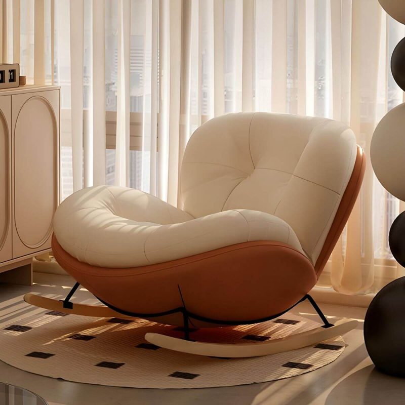 "Stylish Modern Upholstered Rocking Chair with Natural Wood Legs, Tufted Upholstered and Spindle Back - Rocking Chair Beige/ Orange"