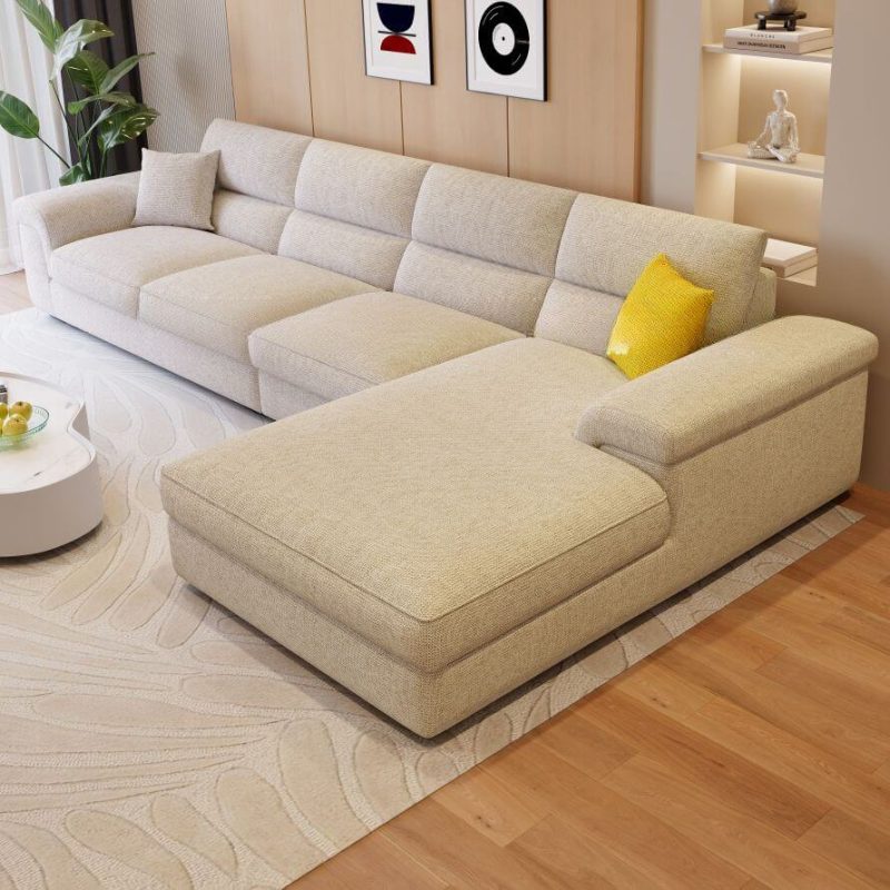 "L-Shape Sofa Chaise, Right Hand Facing with Concealed Support, Cotton and Linen, Beige"