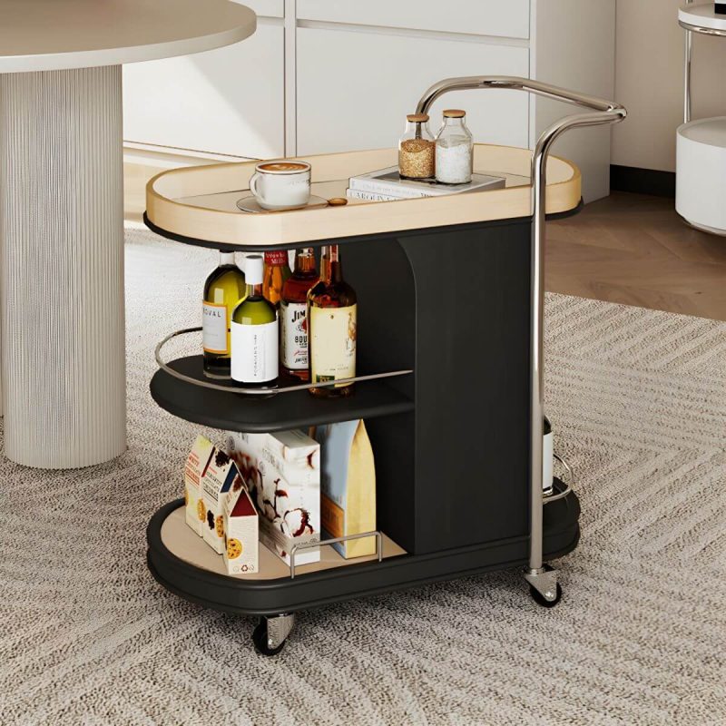 "Contemporary Side Table with Handle and Shelves, Black Frame and Wheels - Off-White 26"L x 15"W x 28"H"