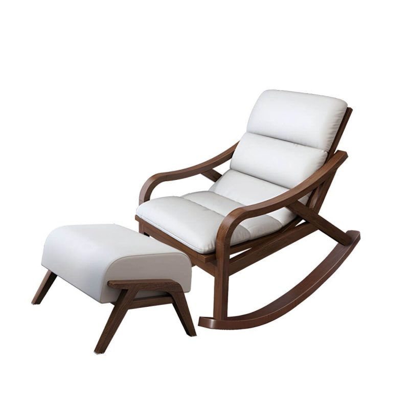 "Contemporary Solid Wood Recliner Chair in Solid Color with Wooden Legs - Rocking Chair & Ottoman Faux Leather Beige"