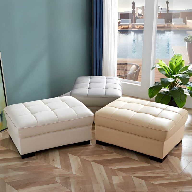 "Solid Color Genuine Leather Backless Wood and Upholstered Stool - 2 Piece Set 39"L x 28"W x 16"H Brown Trunk Storage Not Included"