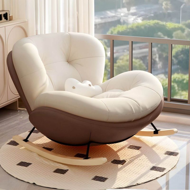 "Stylish Modern Upholstered Rocking Chair with Natural Wood Legs, Tufted Upholstered and Spindle Back - Rocking Chair Beige/ Coffee"