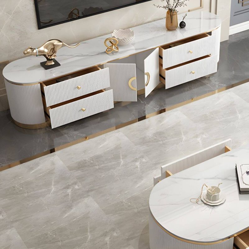 "Glam Marble TV Stand Console Enclosed Storage TV Media Stand with Doors for Living Room - 79"L x 16"W x 17"H White"