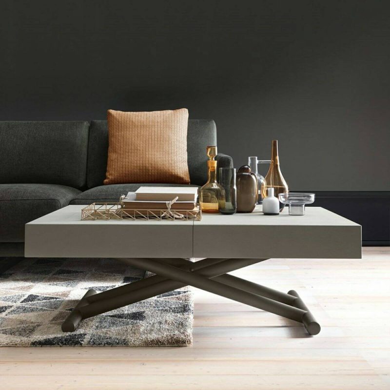 "Lumber Square Lift Top Accent Table with Crossed Base in a Modern Style, Grey"