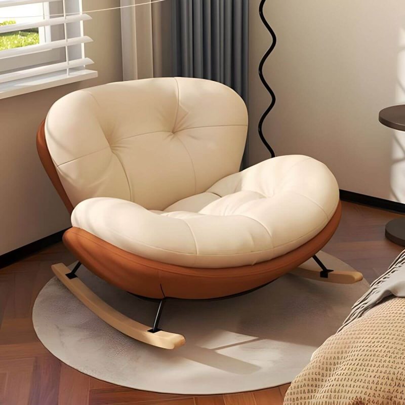 "Stylish Modern Upholstered Rocking Chair with Natural Wood Legs, Tufted Upholstered and Spindle Back - Rocking Chair with Ottomans Grey/ Beige"