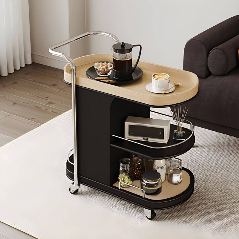"Contemporary Side Table with Handle and Shelves, Black Frame and Wheels - Natural Wood/ Black 26"L x 15"W x 28"H"