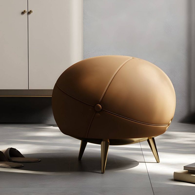 "Glam Round Accent Stool Backless Genuine Leather Solid Color in Brown - 2 Piece Set"