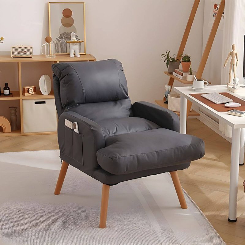 "Small Modern Recliner with Lumbar Support and Built-In Storage, featuring Wood Legs - Gray 29"L x 29"W x 34"H Deck Chair Tech Cloth"