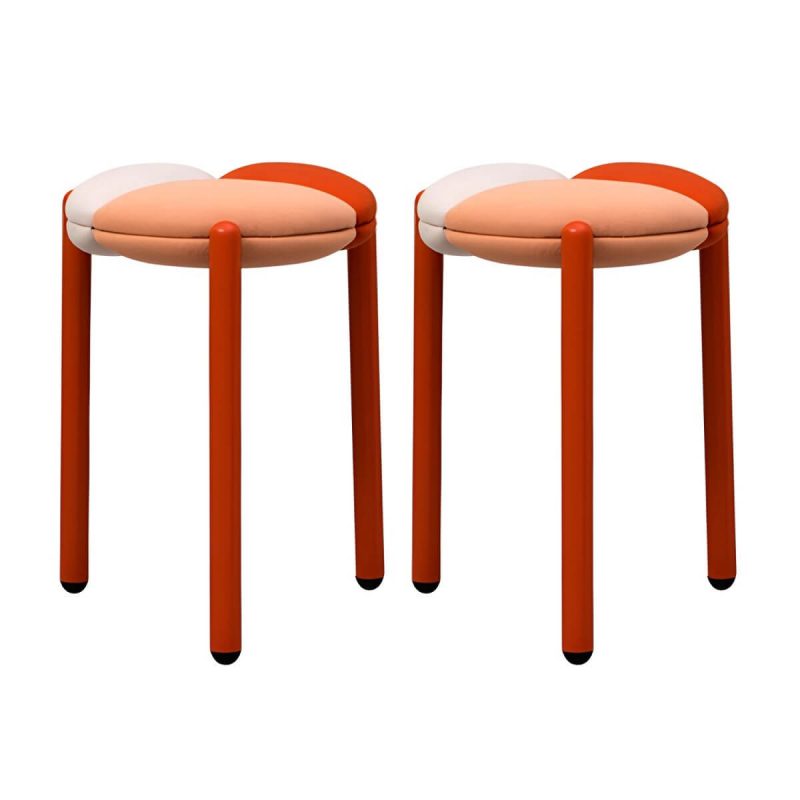 "Modern Upholstered Accent Stool with Metal Frame and Stackable Design - 2 Piece Set Red"